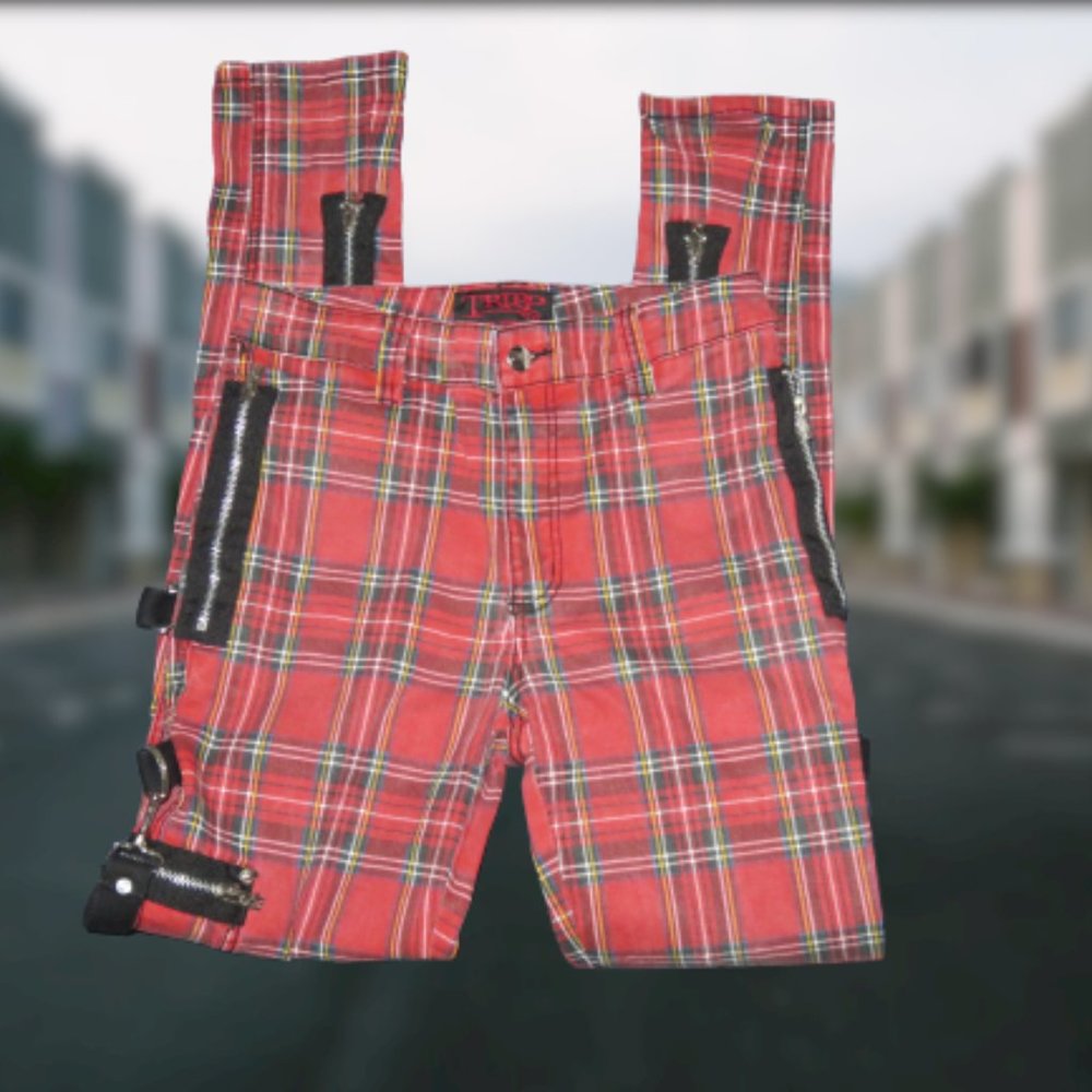 Tripp NYC CHAOS 7 Zipper Red Tartan Plaid Super Skinny Bondage Pants